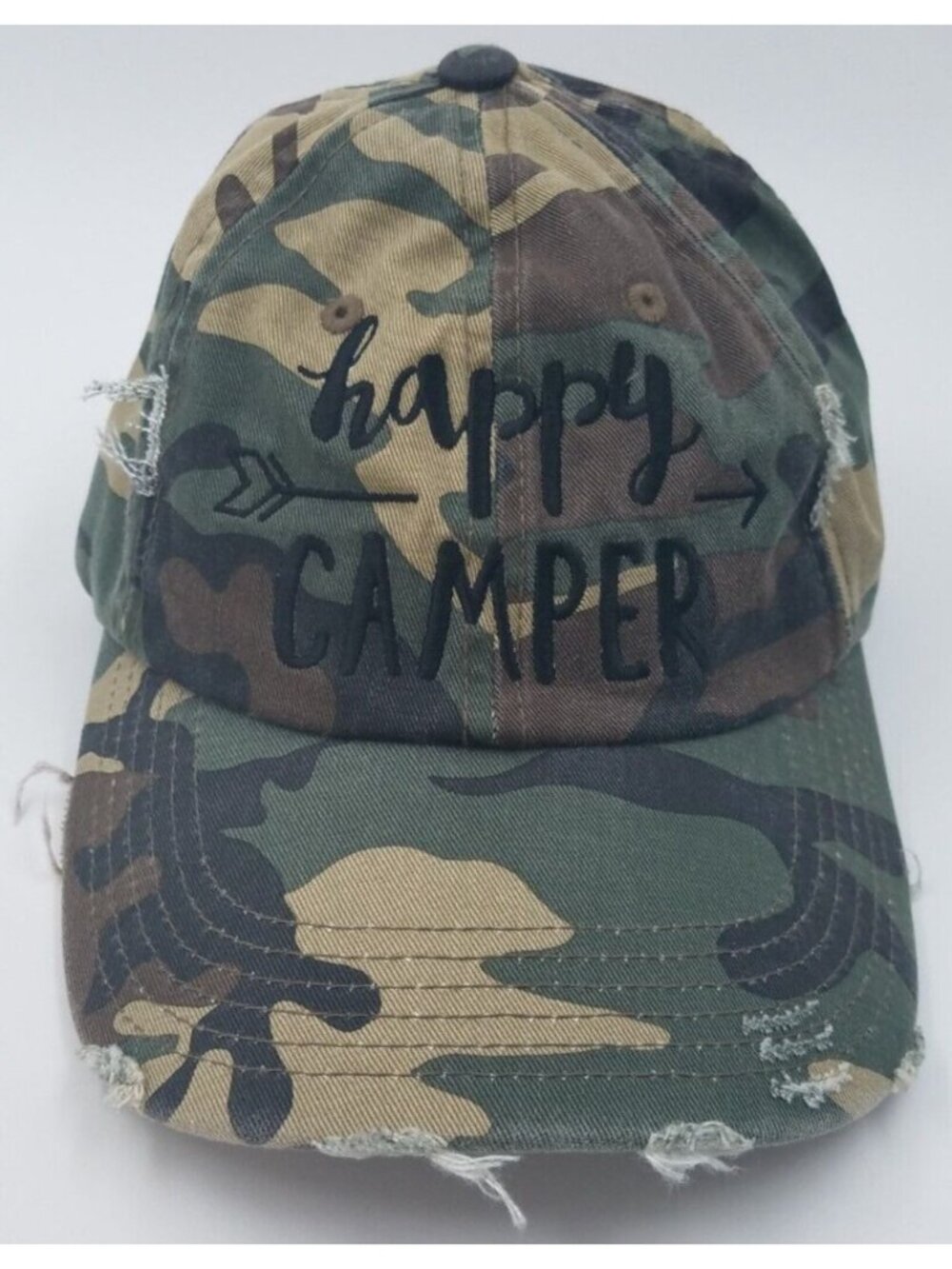Happy Camper Distressed Camouflage Outdoor Camping Adjustable Baseball Hat Cap
